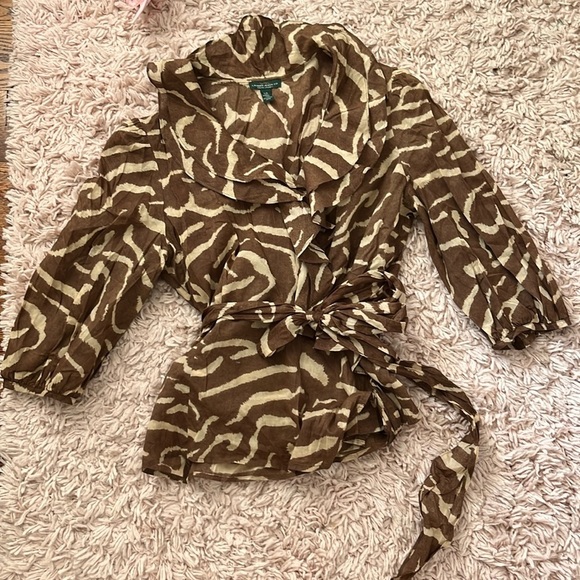 Gorgeous animal print wrap ruffle blouse Lauren Ralph Lauren Jeans Size Large - Picture 1 of 5